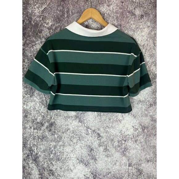 Faded Green White Striped Cropped Preppy Polo Shirt Top Women's Small - Picture 9 of 9